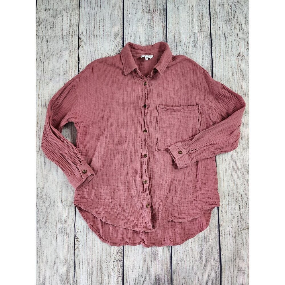 ACOA Women's Size S/M Button Up Shirt Pink Textured Gauze 100% Cotton